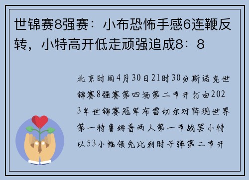 世锦赛8强赛：小布恐怖手感6连鞭反转，小特高开低走顽强追成8：8