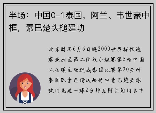 半场：中国0-1泰国，阿兰、韦世豪中框，素巴楚头槌建功